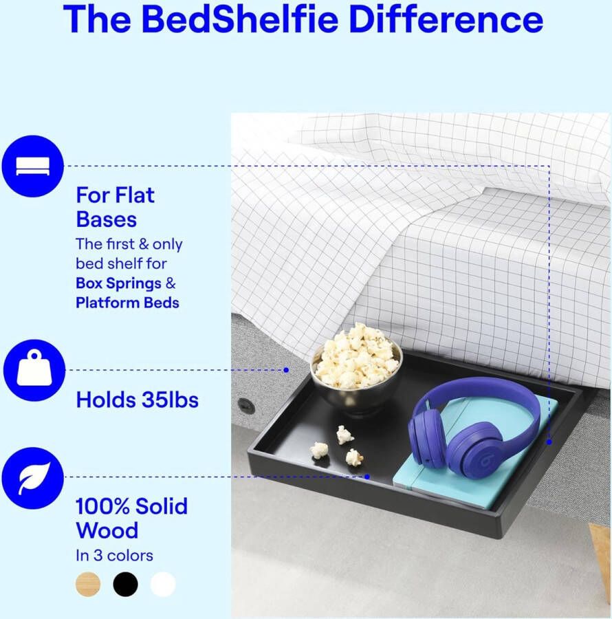 Slide Das Original Bedplank nachtkastje 3 kleuren 3 maten gezien op Business Insider en Kickstarter bamboe zwart
