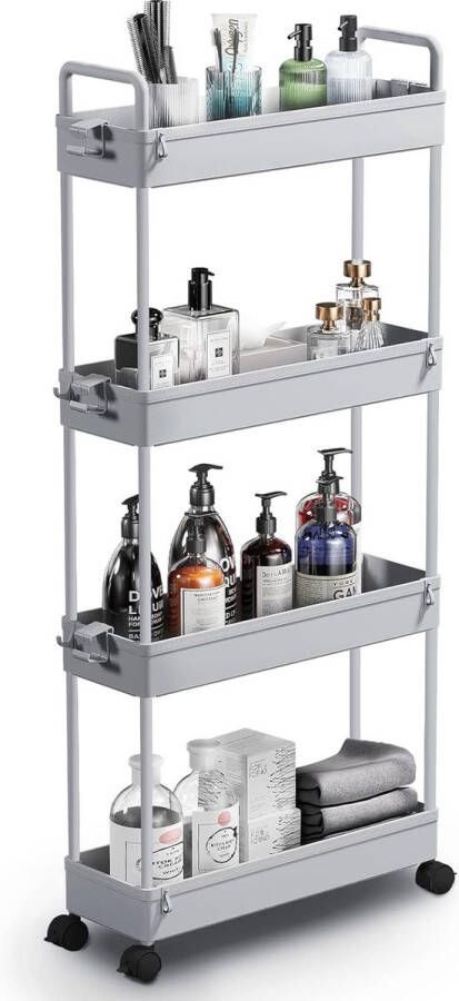 Slide-Out Opbergwagen met 4 dieren slim-rolling Utility Cart mobiele opbergrek organizer voor keuken badkamer bijkeuken slaapkamer smalle plaatsen kunststof grijs