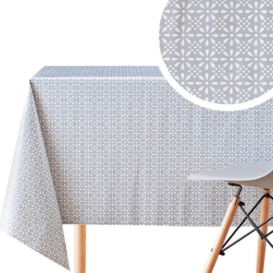 Slijtvast vinyl tafelkleed afwasbaar 1 stuk grijs wit bloemenprint 200 x 140 cm