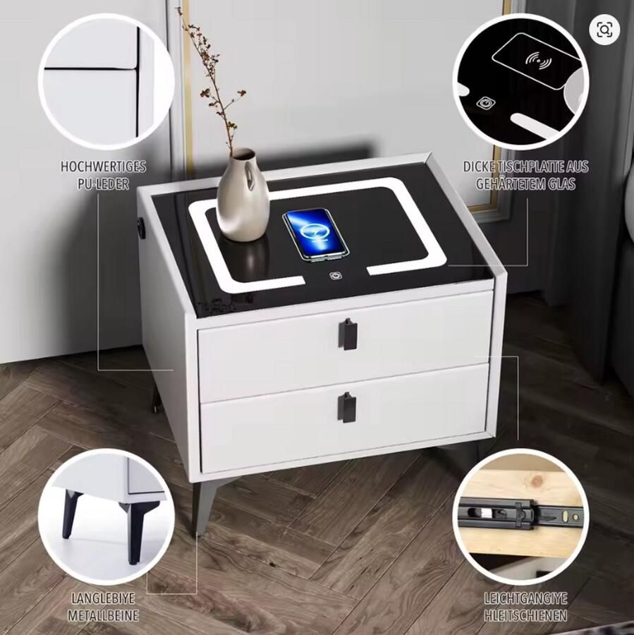 Slim Nachtkastje met LED Verlichting Draadloze Oplader & USB-Poort – Moderne Bedkast 2 Lades – Oyajia Smart Nightstand Wit
