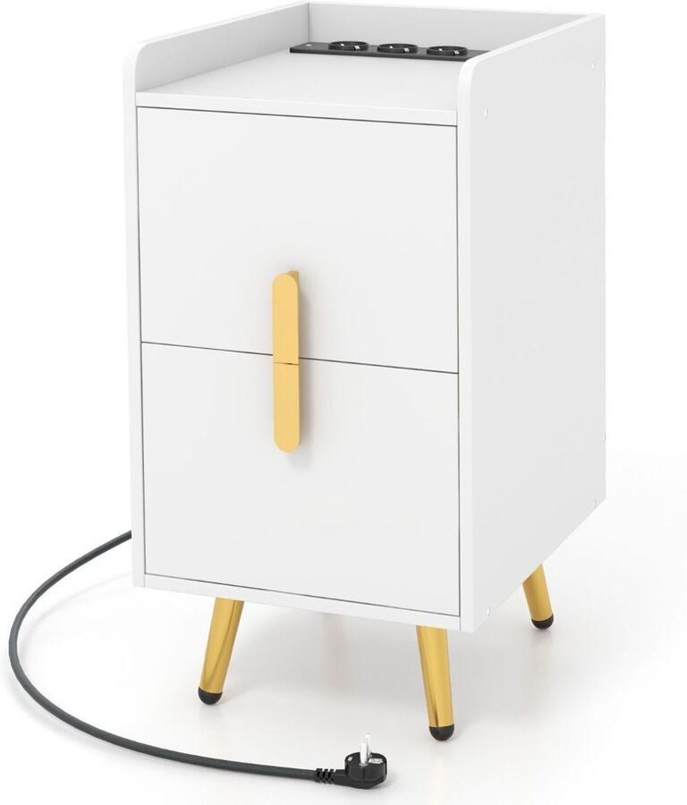 Slim nachtkastje met stopcontacten – 2 schuifladen 2 USB-poorten & 3 stopcontacten wit koffie 40x32x60 cm