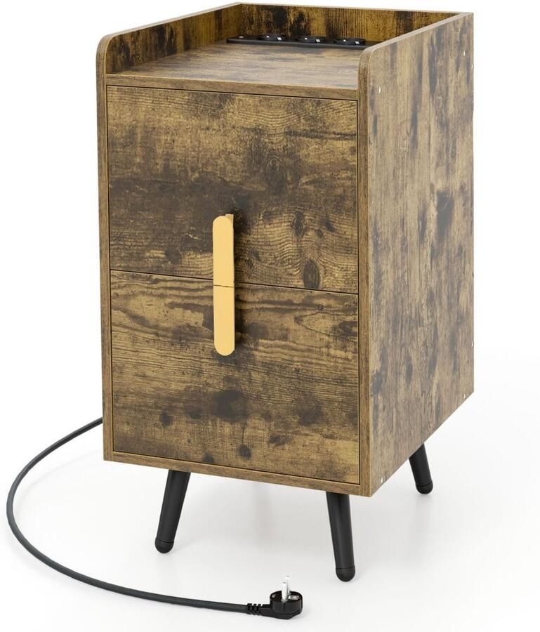 Slim nachtkastje met stopcontacten en USB-poorten – 2 laden kabeldoorvoer en opstaande randen – Wit Koffie 40×32×60 cm