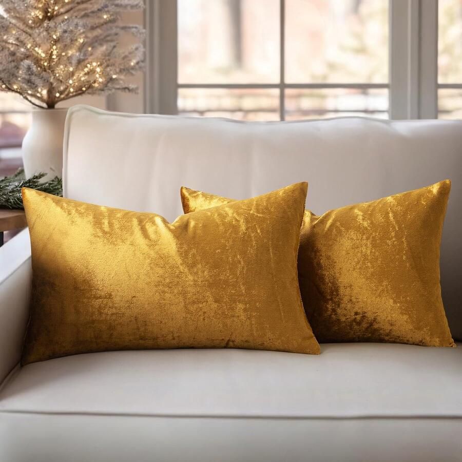 Slozzi Set van 2 fluwelen kussenhoezen sierkussen decoratief kussensloop zacht bankkussen voor bank slaapkamer woonkamer 30 x 50 cm donkergoud