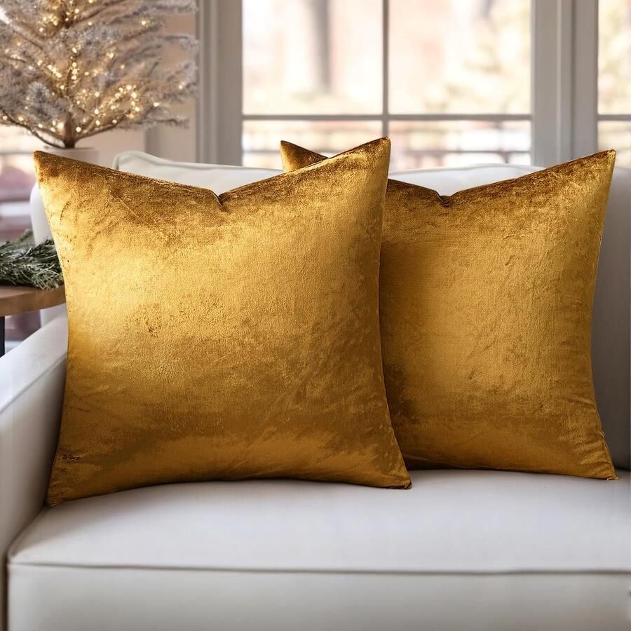 Slozzi Set van 2 fluwelen kussenhoezen sierkussen voor huishoudelijk gebruik decoratieve kussenhoes zacht bankkussen voor bank slaapkamer woonkamer 50x50 cm donkergoud