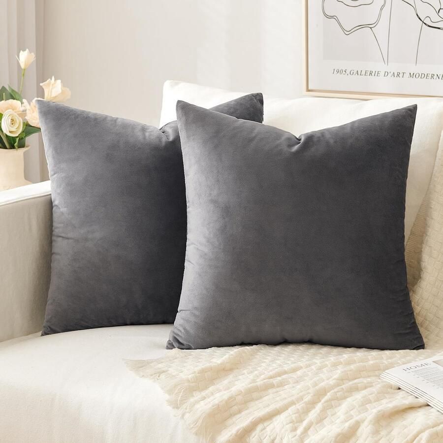 Slozzi Set van 2 fluwelen kussenhoezen sierkussen voor huishoudelijk gebruik decoratieve kussenhoes zacht bankkussen voor bank slaapkamer woonkamer 50x50 cm donkergrijs