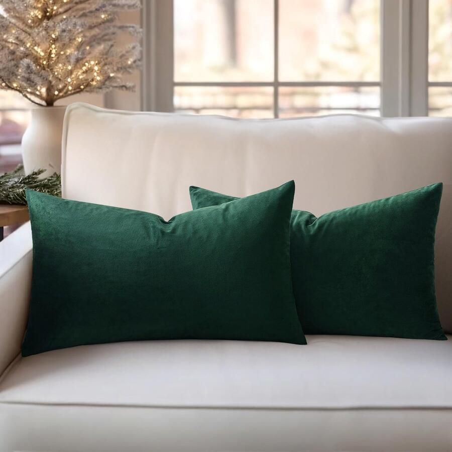 Slozzi Set van 2 fluwelen kussenhoezen sierkussen voor huishoudelijk gebruik decoratieve kussenhoes zacht bankkussen voor bank slaapkamer woonkamer 30 x 50 cm donkergroen
