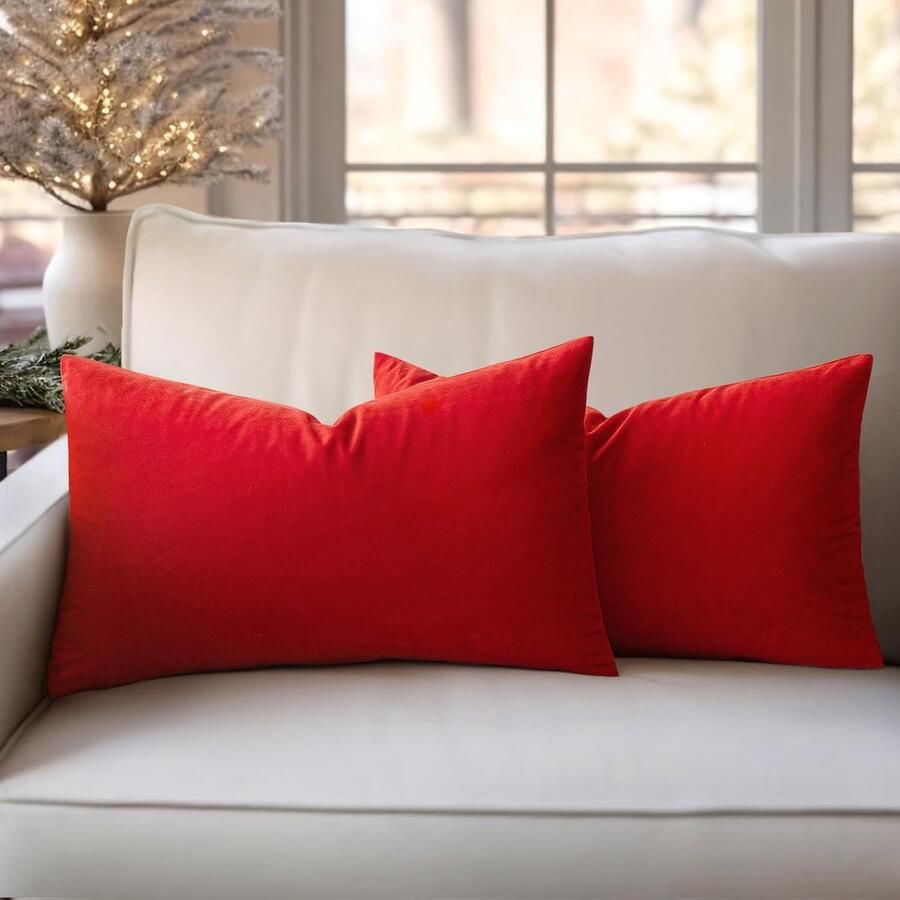 Slozzi Set van 2 fluwelen kussenhoezen sierkussen voor huishoudelijk gebruik decoratieve kussenhoes zacht bankkussen voor bank slaapkamer woonkamer 30 x 50 cm rood