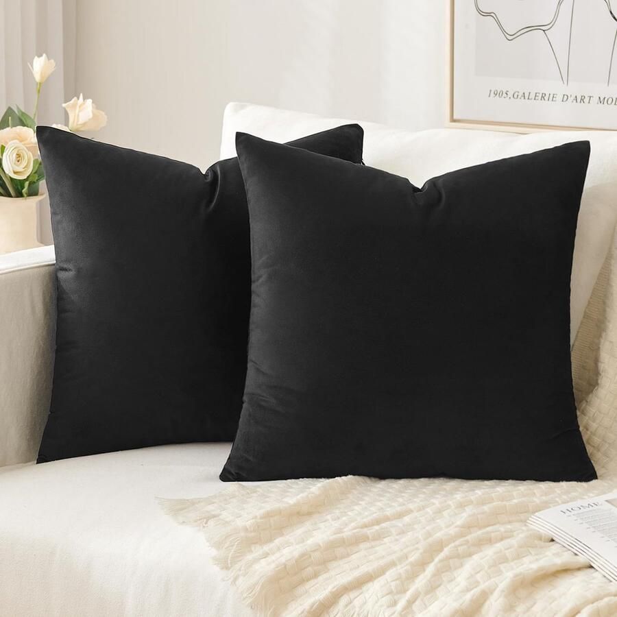 Slozzi Set van 2 fluwelen kussenhoezen sierkussen voor huishoudelijk gebruik decoratieve kussenhoes zacht bankkussen voor bank slaapkamer woonkamer 40 x 40 cm zwart