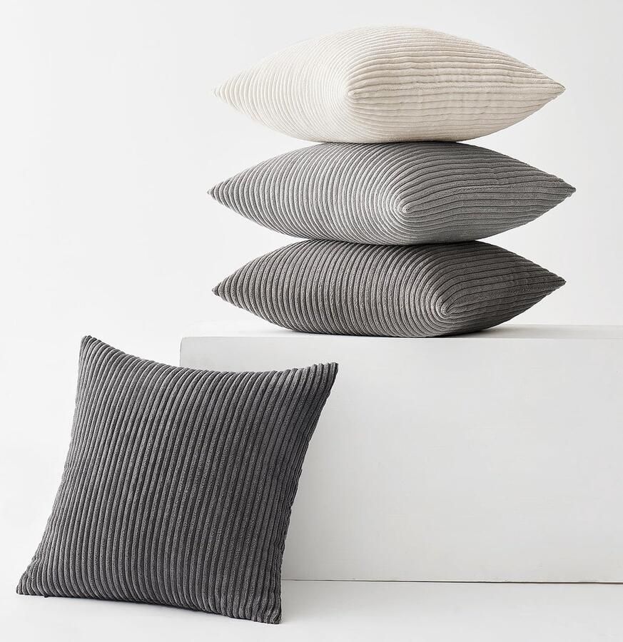 Slozzi Set van 4 Corduroy Kussenhoezen Bankkussen Decoratieve Kussenhoes Bankkussen Zacht voor Bank Slaapkamer Woonkamer Kantoor 40 x 40 cm Donkergrijze Serie