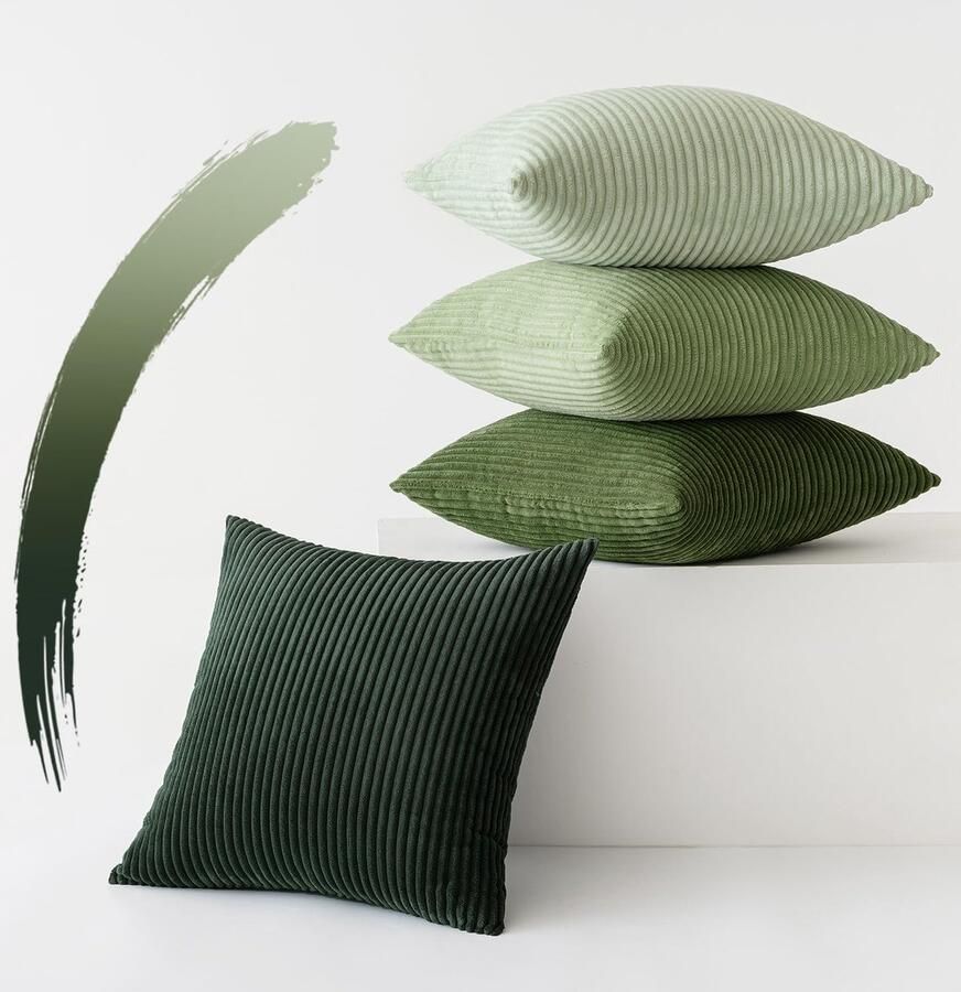Slozzi Set van 4 Corduroy Kussenhoezen Bankkussen Decoratieve Kussenhoes Bankkussen Zacht voor Bank Slaapkamer Woonkamer Kantoor 50 x 50 cm Groene Serie