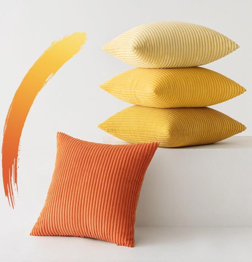 Slozzi Set van 4 Corduroy Kussenhoezen Herfst Dcko Kussenhoezen Kussenhoes Bankkussen Decoratieve Kussenhoes Bankkussen Zacht voor Bank Slaapkamer Woonkamer Kantoor 50x50 cm Oranje Serie
