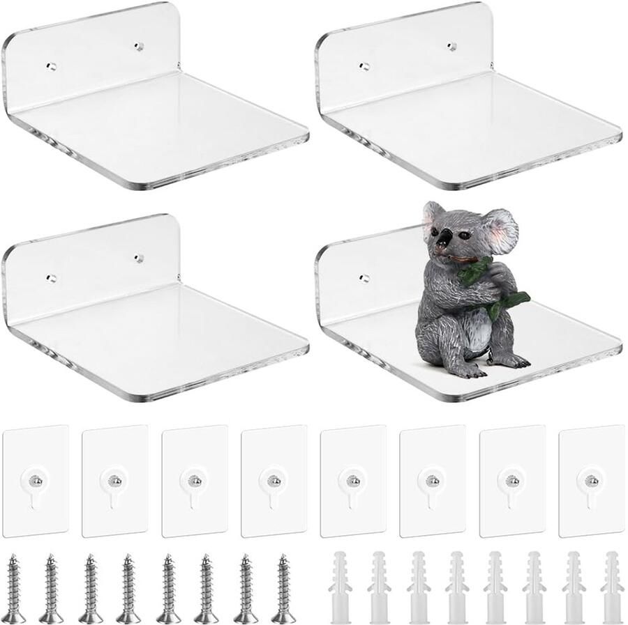 SLTAXAR 4-pack 10x10cm acryl wandplank zwevende plank van acryl zwevende wandplank zwevende plank van transparant acryl hangende wandplank zwevende displayplanken van helder acryl wanddisplayplank