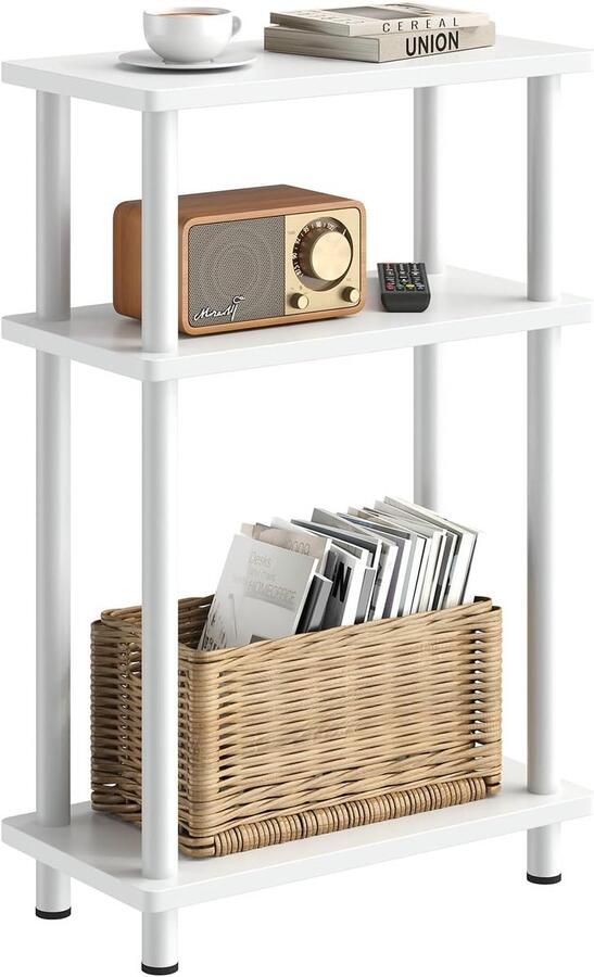 Smal bijzettafeltje met 3 niveaus – Houten nachtkastje met opbergruimte ideaal voor woonkamer slaapkamer & balkon 40 x 18 x 61 5 cm wit