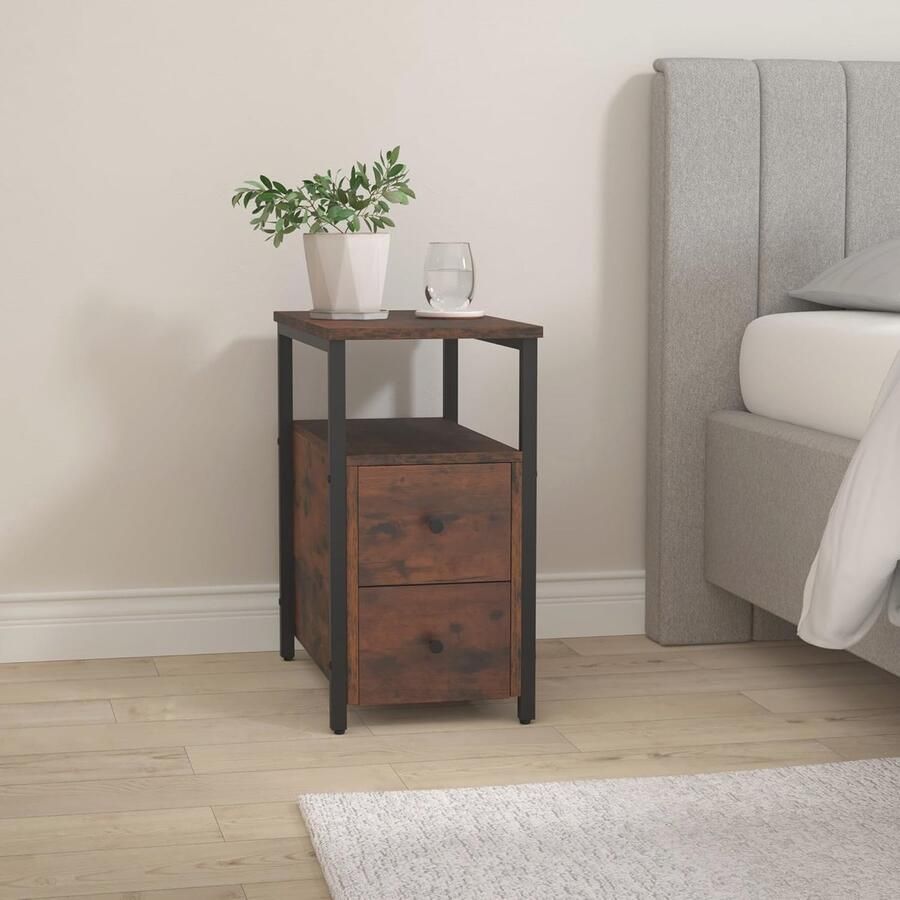 Smal Nachtkastje met 2 Lades en 2 Planken Industrieel Design Houten Bijzettafel met Stalen Frame 30 x 49 5 x 61 5 cm - Foto 2