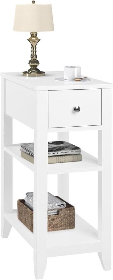 Smal nachtkastje met lade 2 open planken bijzettafel moderne salontafel 45x66x28 cm ruimtebesparend houten nachtkastje wit NTS02ws