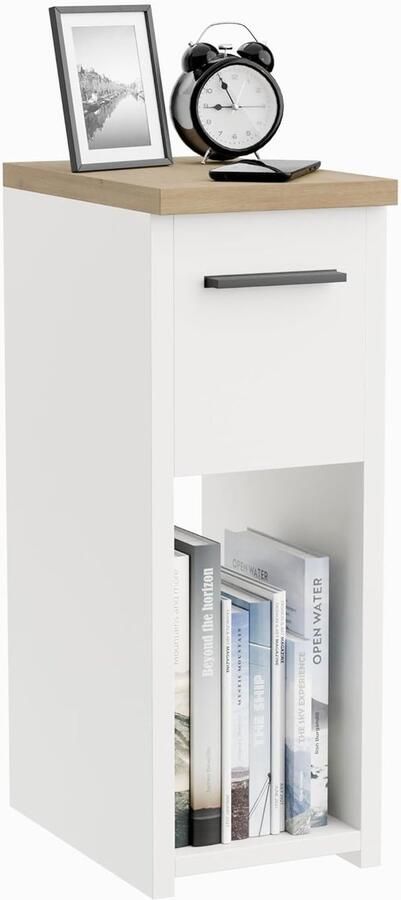 Smal Nachtkastje met Lade en Compartiment Wit Eik Ergonomisch