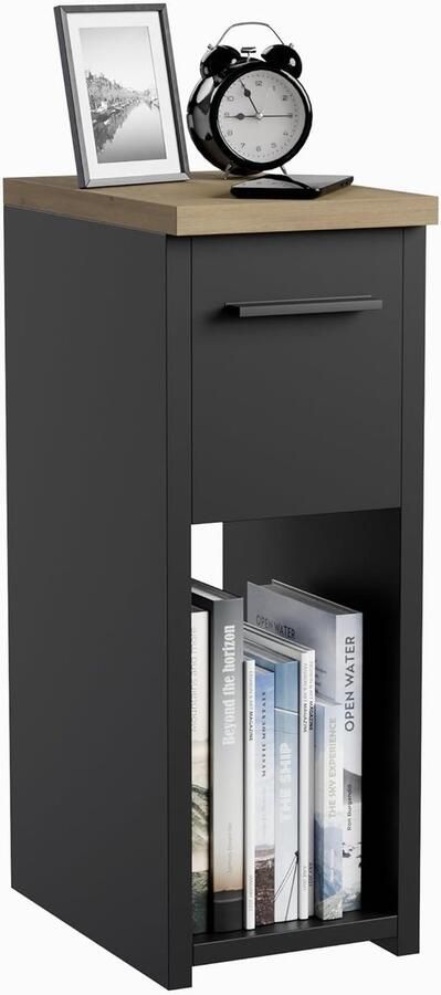 Smal Nachtkastje met Lade en Handvat Zwart Eik 1 stuk