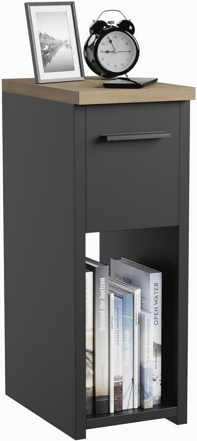 Smal Nachtkastje met Lade en Handvat Zwart Eik Compact Bijzettafel met Opbergplank Ideaal voor Kleine Ruimtes