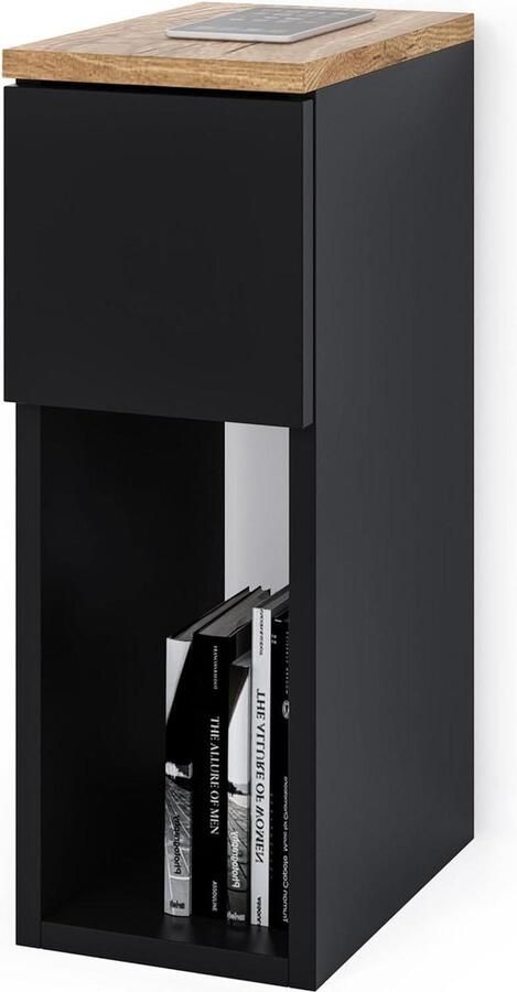 Smal Nachtkastje met Lade Moderne Bijzettafel met Opbergplank Zwart B20 x H55 x D30 cm nachtkastje zwart 60 cm hoog