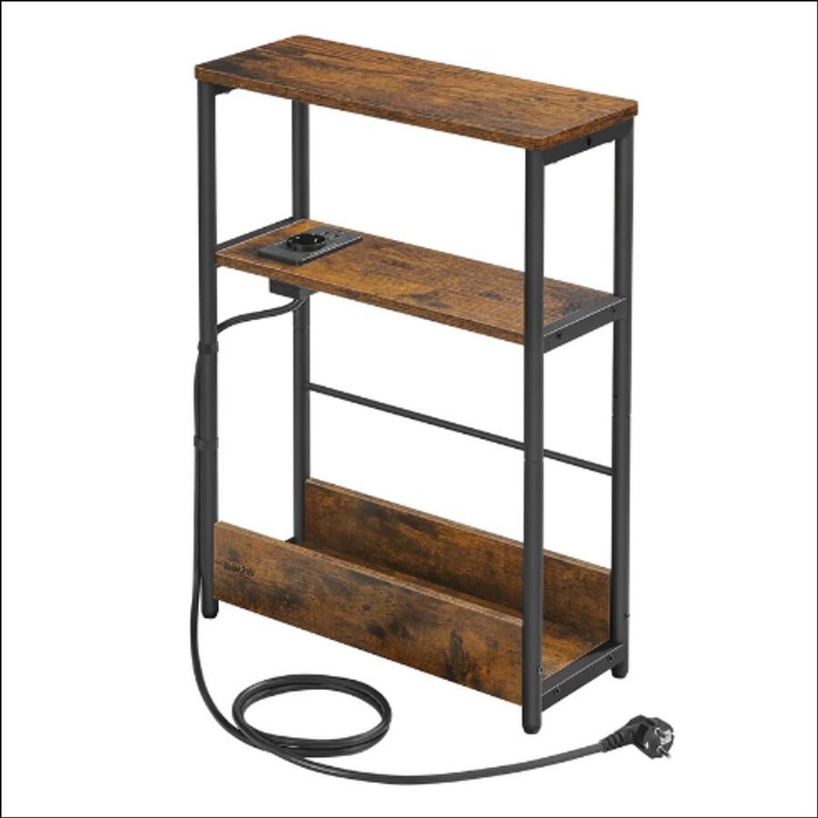 Smal nachtkastje met oplaadfunctie – Bijzettafel – 3 planken – Tijdschriftenhouder – Met stopcontact en USB-poorten – Ruimtebesparend – Industrieel design – Stevig staal en hout – Eenvoudig te monteren – Tot 100 kg draagkracht