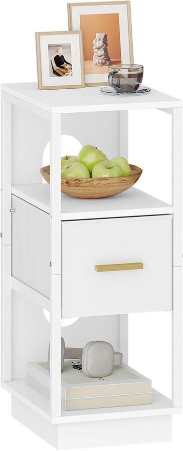 Smal nachtkastje met stoffen lade – Moderne bijzettafel met open vak 30x24x60 cm Wit NS51303W