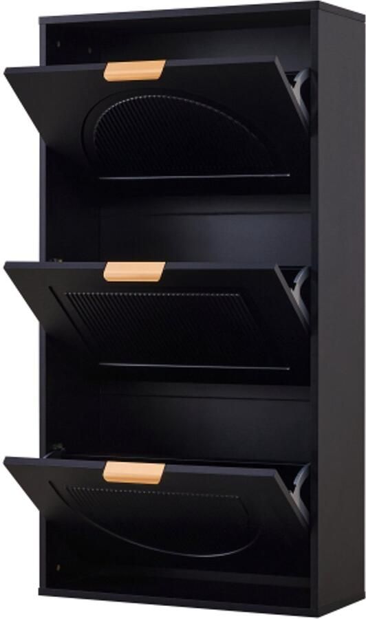 Smal schoenenrek met 3 kleppen schoenenkast voor hal of woonkamer zwart afmetingen: 60 x 24 x 114 cm