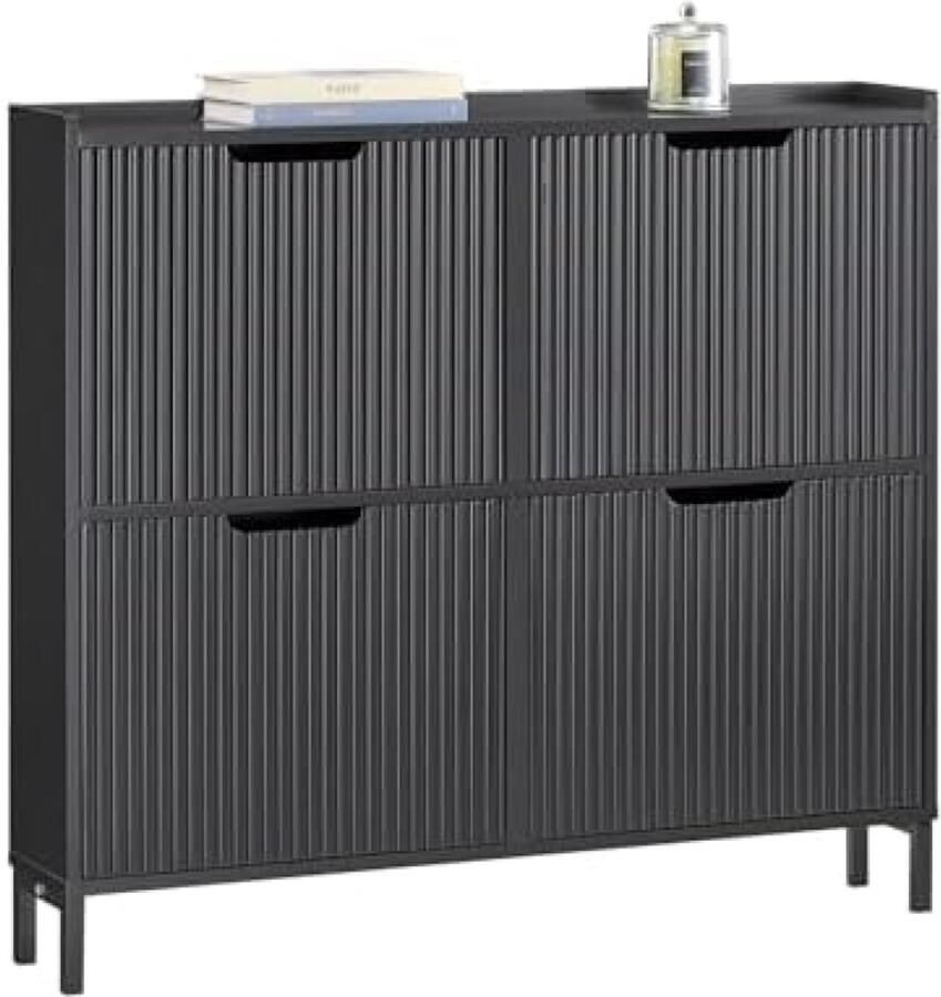 Smal schoenenrek met 4 kleppen Schoenenkast voor hal met 8 legplanken Zwarte schoenencommode 100x91x19cm Wandmontage met kantelbeveiliging