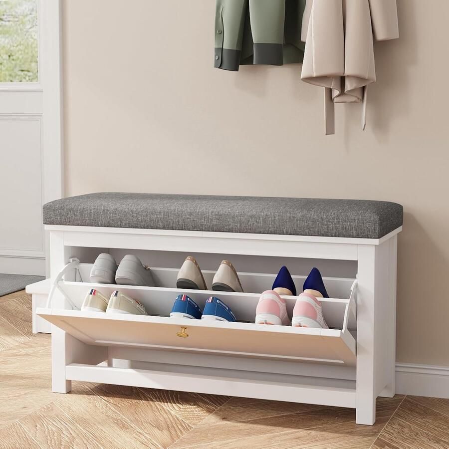 Smal schoenenrek met kleppen en bank – Verstelbaar zitkussen wit 90×31×52 cm