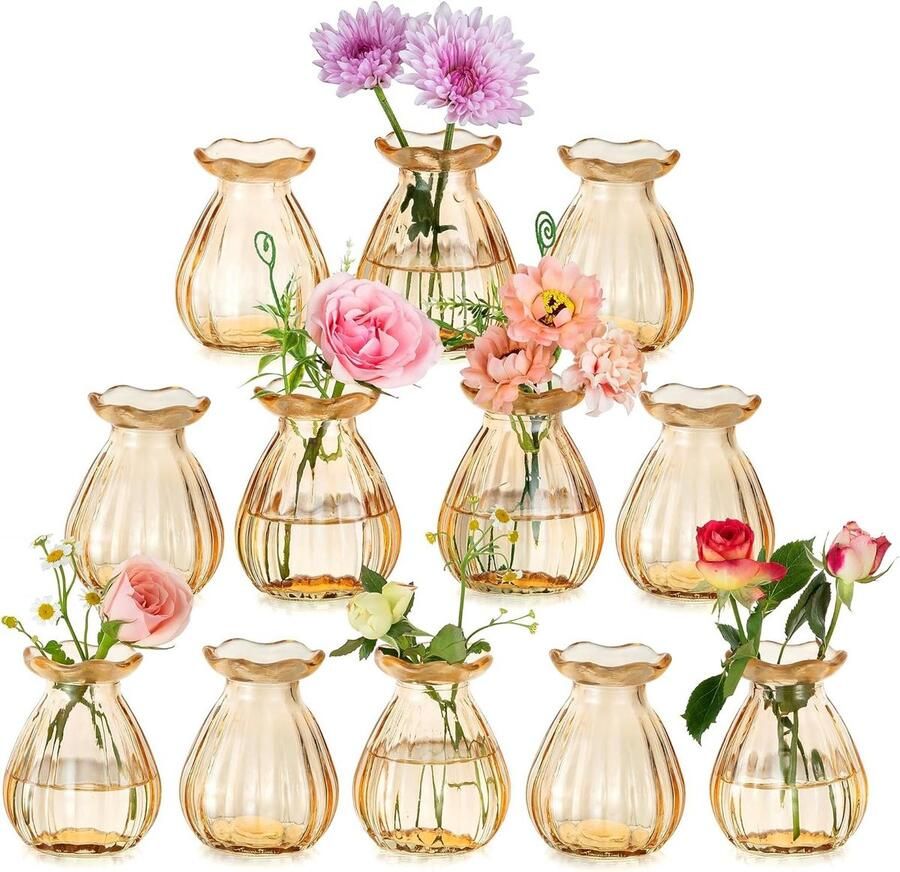 Small Glazen Vaasjes Set van 12 Tafel Decoratie Bruiloft Schattige Decoratieve Vaasjes voor Bloemen Champagneglazen Mini Vaasjes Kawaii Stijl