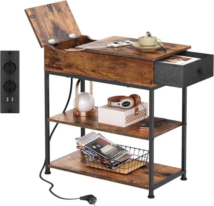 Smalle bijzettafel 3 planken nachtkastje met oplaadstation en opbergruimte opklapbare salontafel voor woonkamer slaapkamer keuken retrobruin