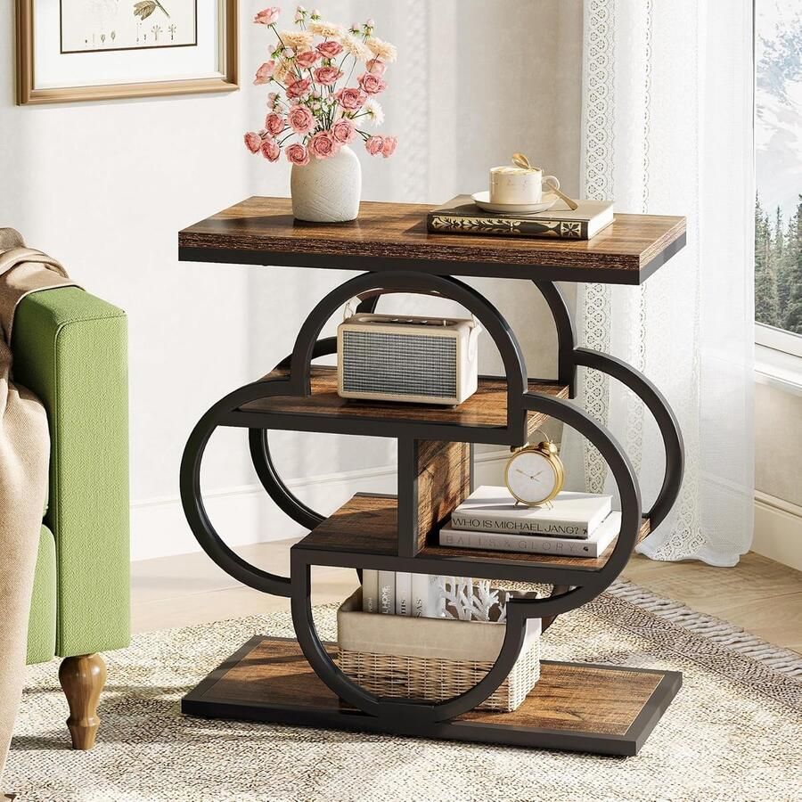 Smalle Bijzettafel 4-Laags Houten Tafel met Gebogen Metalen Frame Rustiek Nachtkastje met Schappen voor Slaapkamer en Woonkamer