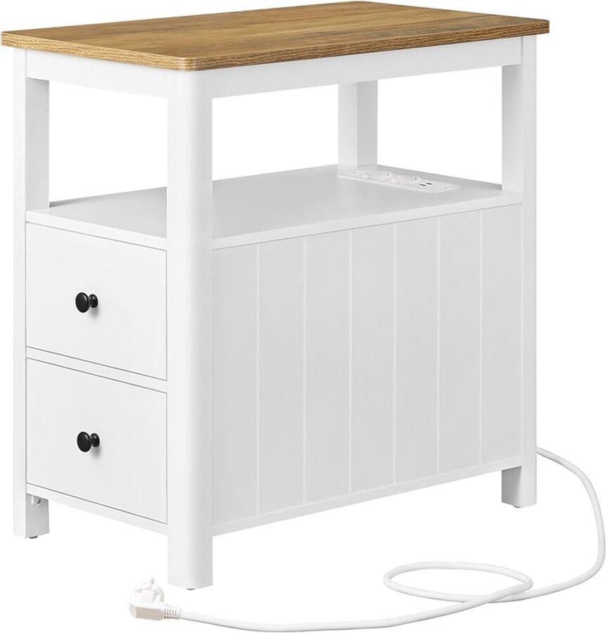 Rootz Living Rootz Bijzettafel met Stekkerdoos Bijzettafel Nachtkastje Spaanplaat MDF Walnoot Bruin-Wit 60cm x 35cm x 60cm 17kg 90kg Max. Draagvermogen