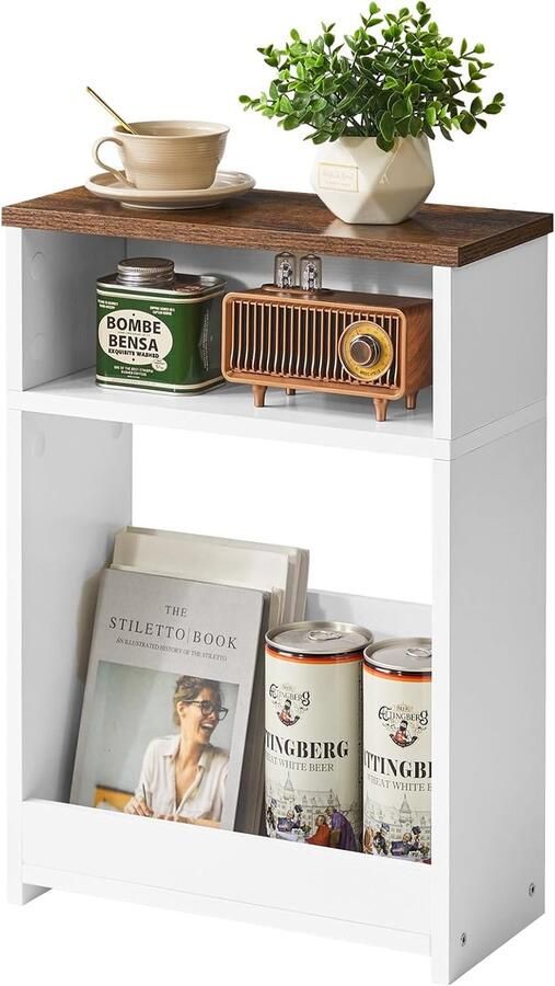 Retadou Smalle bijzettafel kleine bijzettafel met tijdschriftenhouder drielaagse salontafel klein houten nachtkastje voor woonkamer slaapkamer ruimtebesparend wit