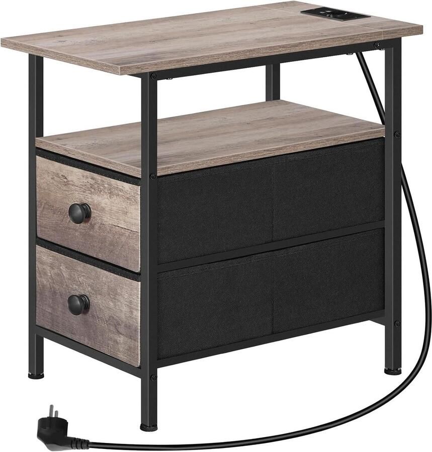 Smalle bijzettafel met laadstation en 2 vliesladen compact nachtkastje voor kleine kamer greige-zwart
