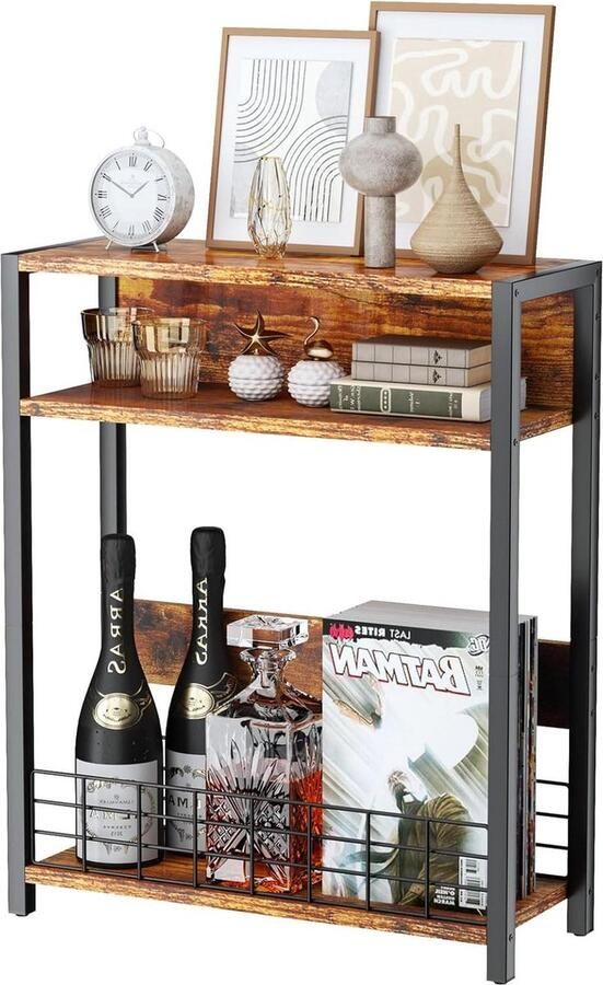 Kleine bijzettafel met tijdschriftenhouder 3 etages smalle bijzettafel met opbergrek moderne salontafel voor smalle ruimtes nachtkastje voor woonkamer slaapkamer bruin Bijzettafel