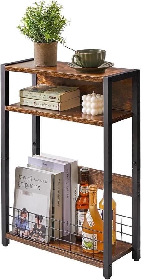 Smalle bijzettafel met opbergplank en tijdschriftenrek voor woonkamer en slaapkamer 3 niveaus klein nachtkastje telefoontafel voor kleine ruimtes bruin