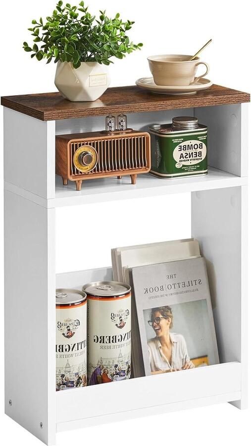Smalle bijzettafel met opbergplank Houten nachtkastje voor kleine ruimtes Wit