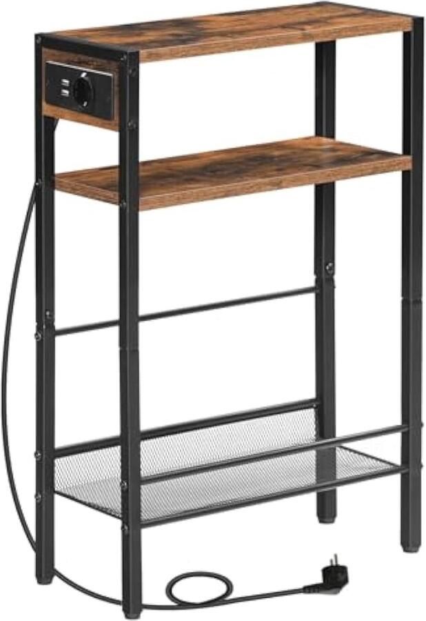 Smalle bijzettafel met oplaadstation. Smalle bijzettafel voor kleine ruimtes. Slank nachtkastje met USB-aansluiting. Bank naast tafel met opbergvak. Rustiek bruin en zwart. BF 102 UBZ 01