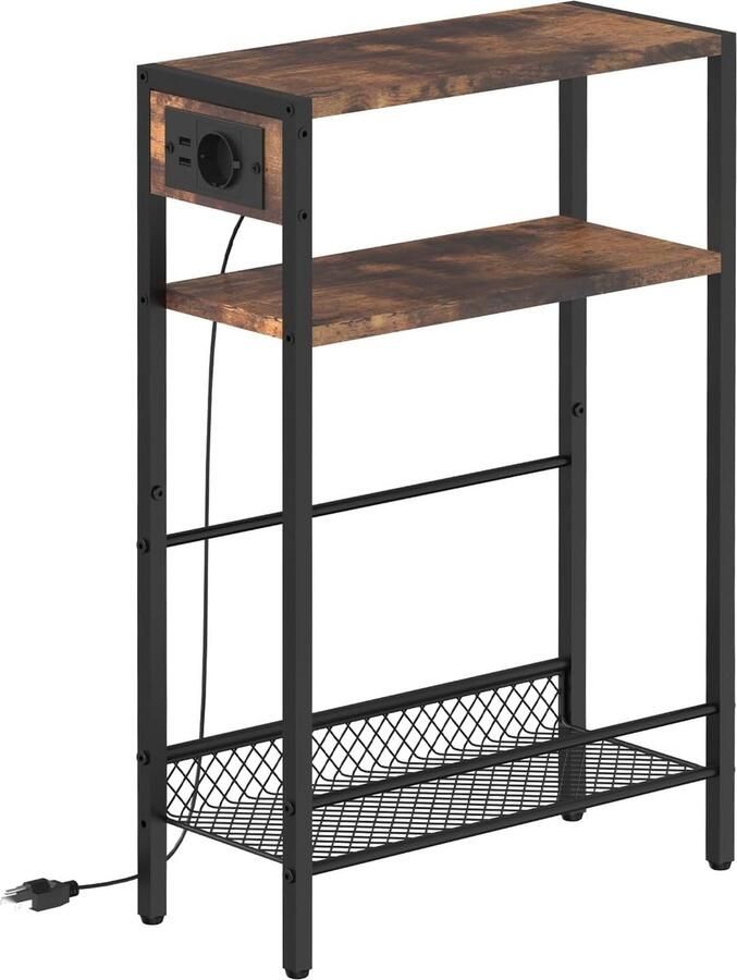 Smalle bijzettafel met stopcontact nachtkastje met 3 niveaus 1 standaard stopcontact en 2 USB-poorten voor kleine ruimtes verhoogde randen vintage stijl voor woonkamer slaapkamer