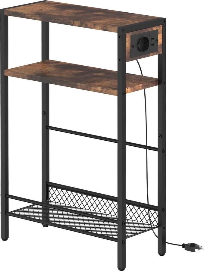 Smalle bijzettafel met stopcontact nachtkastje met 3 niveaus USB-poorten vintage stijl woonkamer slaapkamer nachtkastje zwart 60 cm hoog