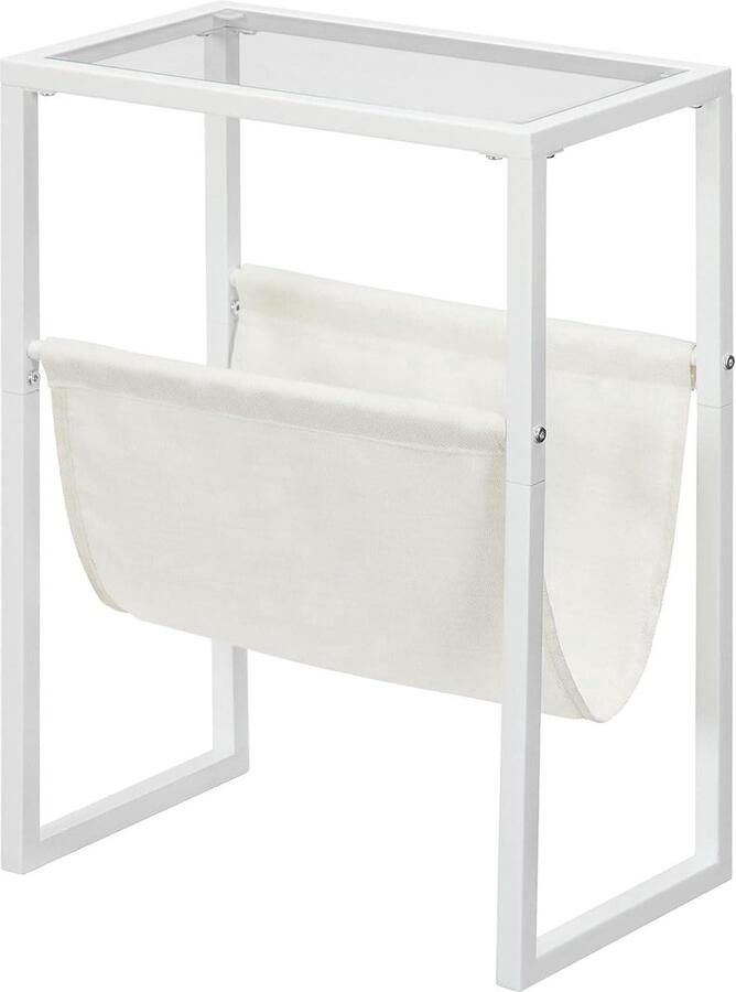 Smalle Bijzettafel met Tijdschriftenhouder Geschikt voor Kleine Ruimtes Wit Gehard Glas
