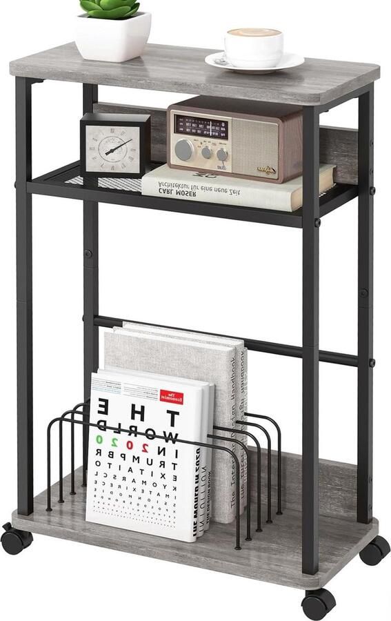Smalle bijzettafel met wielen compact ontwerp geschikt voor kleine ruimtes grijs 3-laags
