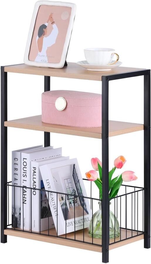 Smalle bijzettafel modern design 1 stuk hout en metaal 40 x 24 x 55 cm