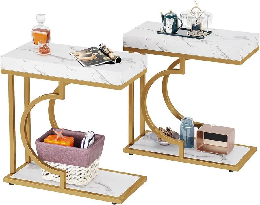 Smalle Bijzettafel Set van 2 C-vormige Sidetable Moderne Nachtkastjes of Koffietafels met Metalen Frame Voor Bank of Woonkamer Wit-Goud