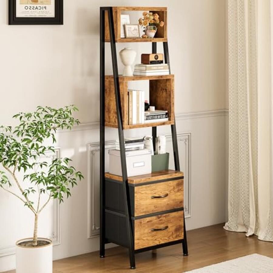 Smalle Boekenkast met 5 Planken en 2 Stoffen Laden Ideaal voor Slaapkamer Kantoor en Woonkamer