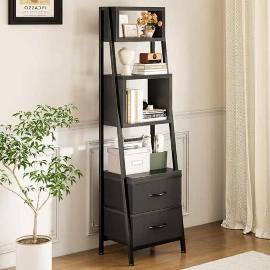 Smalle Boekenkast met 5 Planken en 2 Stoffen Laden Multifunctionele Opbergoplossing voor Slaapkamer Kantoor en Woonkamer