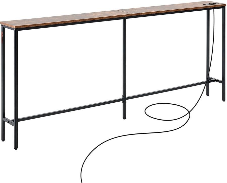 Smalle console tafel voor entree (178 cm lang) met stopcontacten – 1-laags bijzettafel met metalen frame en oplaadstation ideaal voor hal of entree