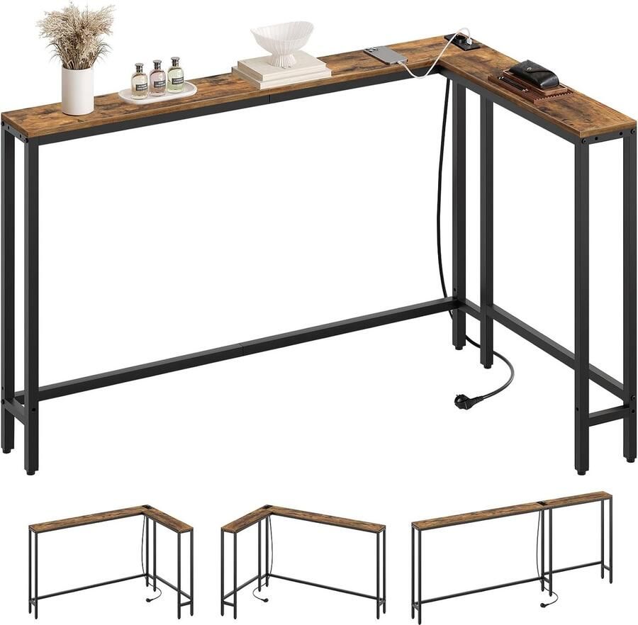 Smalle consoletafel 180 cm – L-vormige ingangstafel met 3 combinatiemodi 1 stopcontact en 2 USB-poorten vintage bruin
