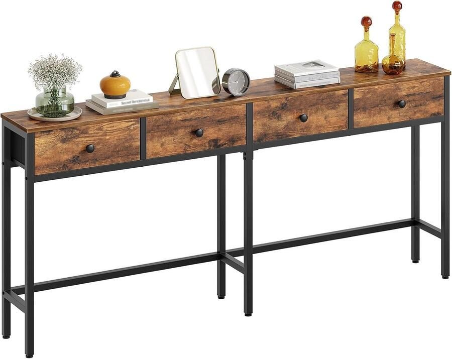Smalle consoletafel 180 cm – lange haltafel met 4 lades vintage bruin-zwart ideale ingangstafel voor hal of woonkamer