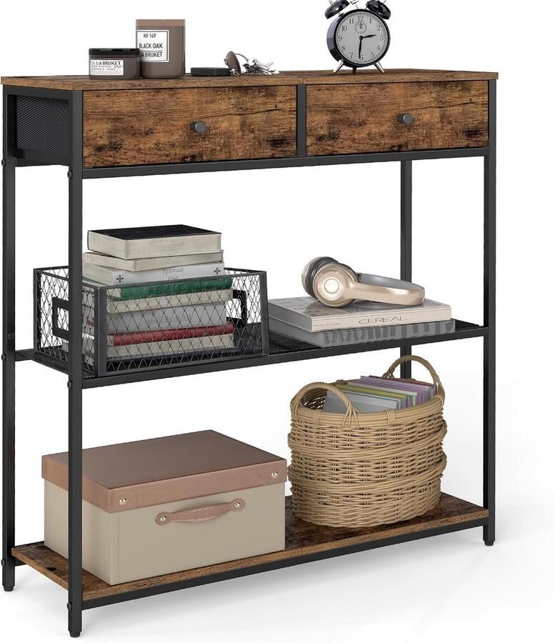 Smalle consoletafel met 2 stoffen laden – haltafel en bijzettafel voor hal en woonkamer 24 x 76 x 80 cm vintage bruin-inktzwart